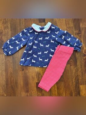 Baby Boden Navy Deer Print Top with Pink Polka Dot Leggings